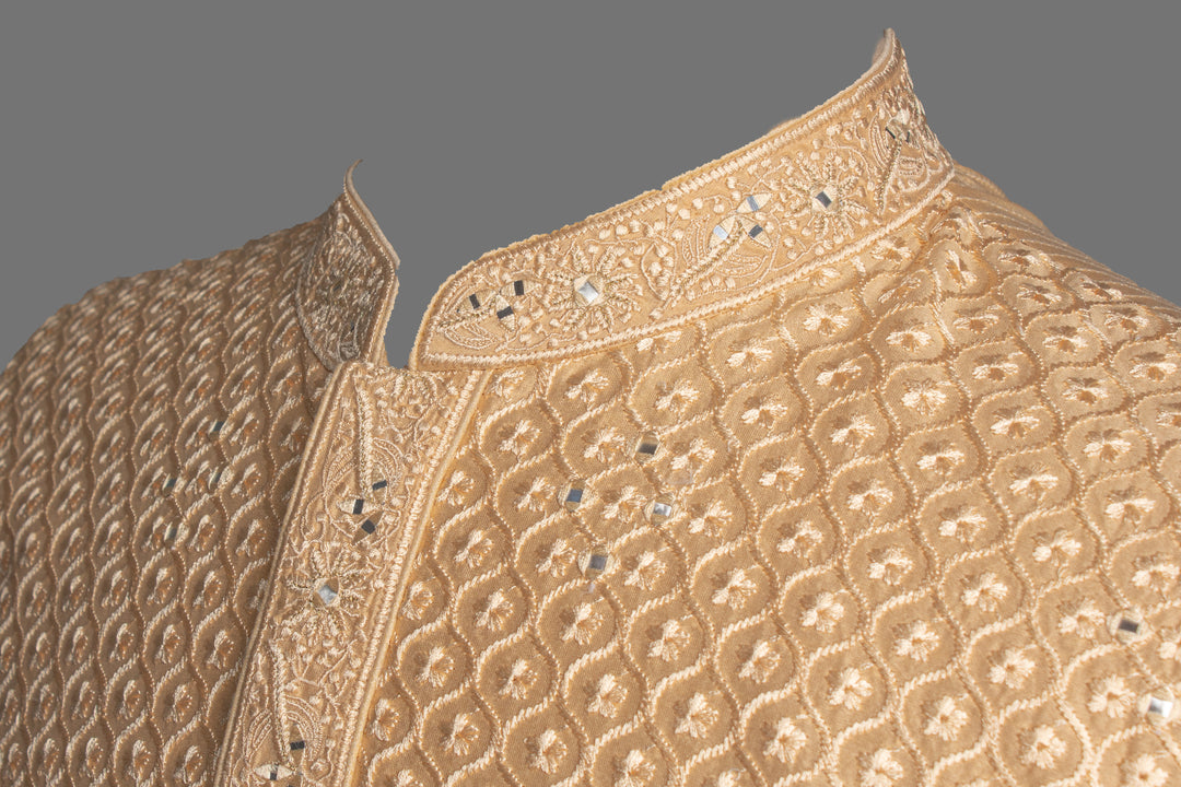Peach Chanderi Kurta Set with Machine & Mirror Embroidery