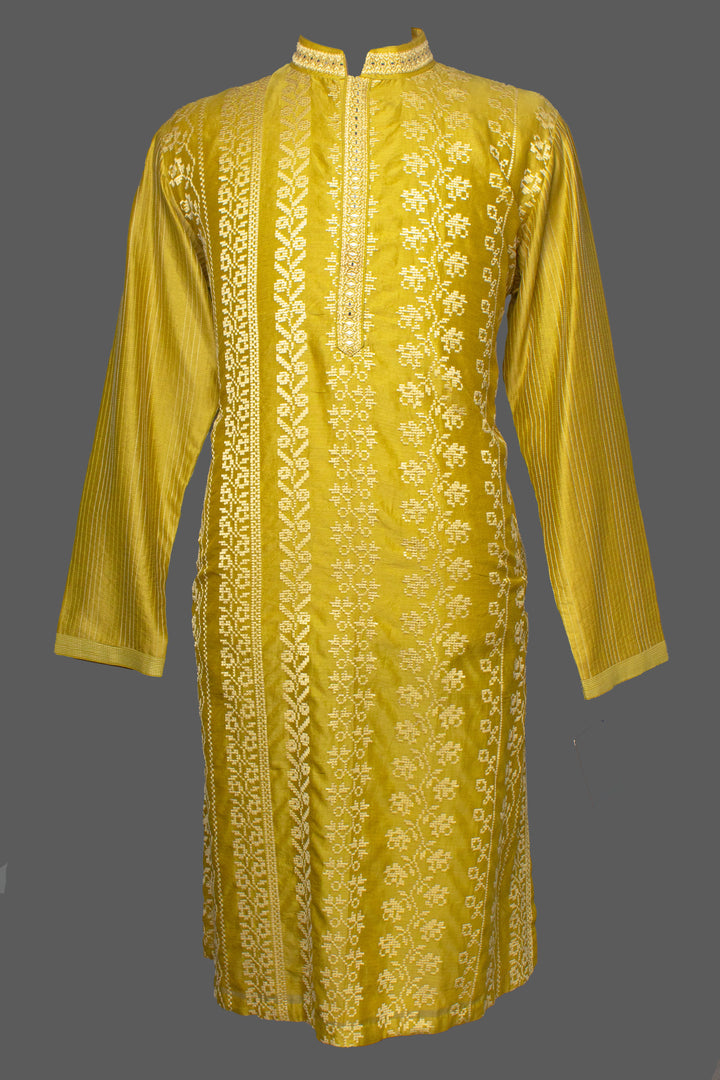 Mehendi Green Chanderi Kurta Set with Machine Embroidery & Mirror Work