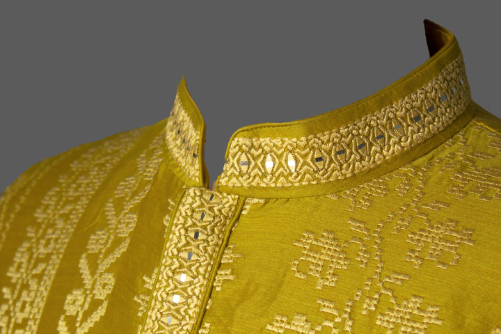Mehendi Green Chanderi Kurta Set with Machine Embroidery & Mirror Work