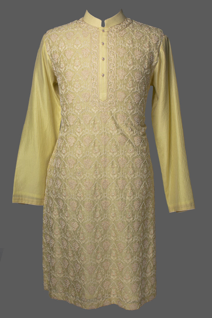 Lemon Yellow Chanderi Kurta Set with Aari & Hand Embroidery