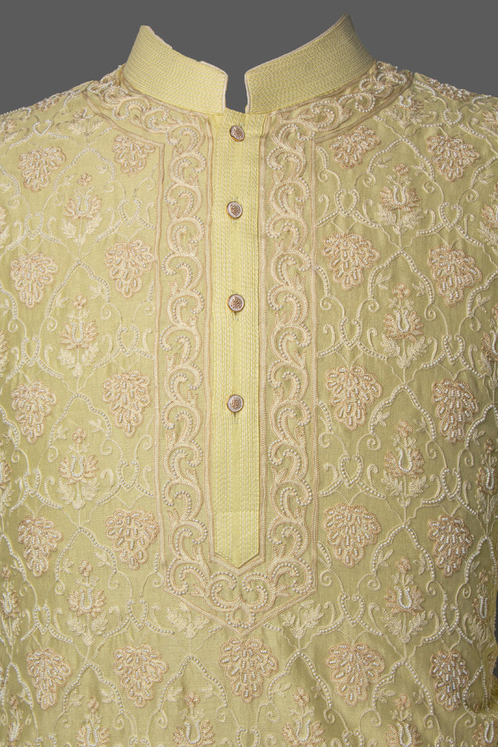 Lemon Yellow Chanderi Kurta Set with Aari & Hand Embroidery