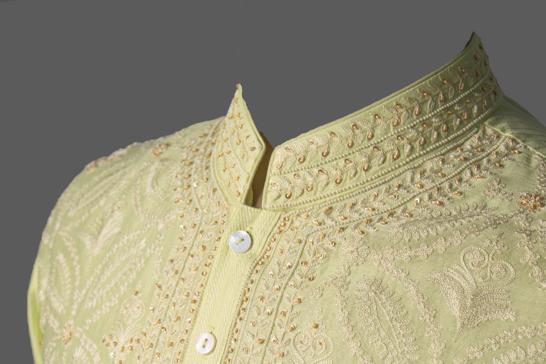 Lemon Yellow Chanderi Kurta Set with Aari & Hand Embroidery