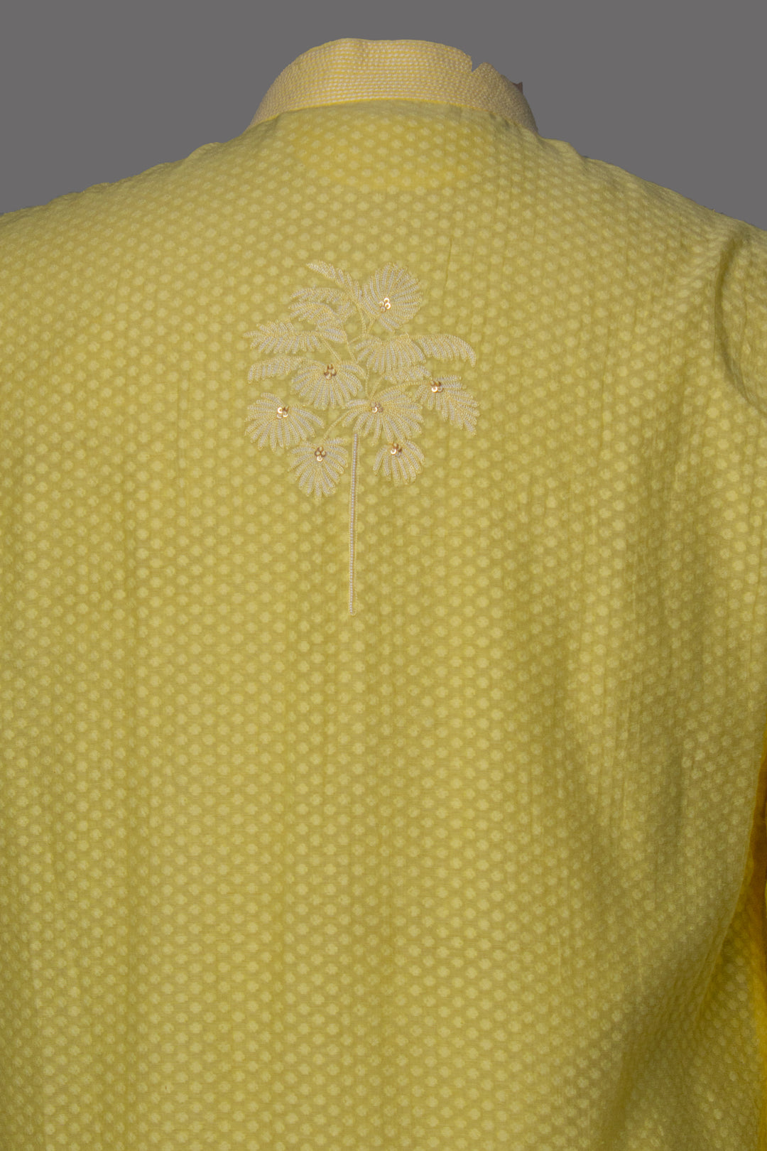 Lemon Yellow Banarasi Silk Kurta Set with Aari, Hand & Bead Work Embroidery