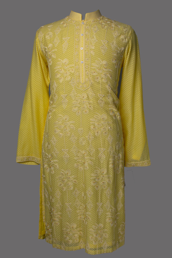 Lemon Yellow Banarasi Silk Kurta Set with Aari, Hand & Bead Work Embroidery