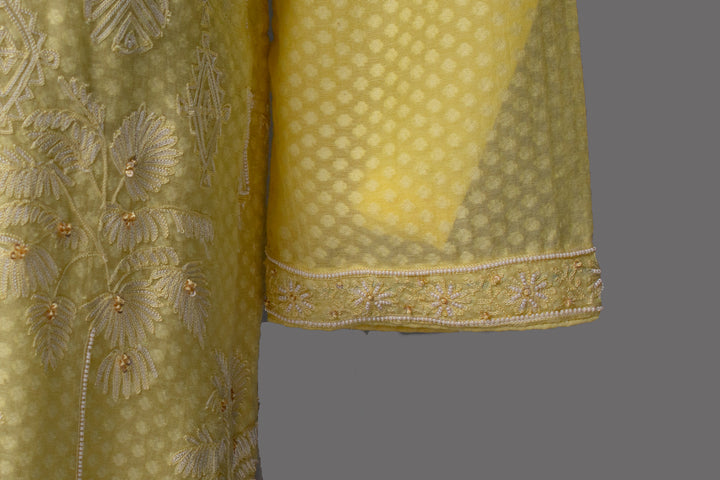 Lemon Yellow Banarasi Silk Kurta Set with Aari, Hand & Bead Work Embroidery