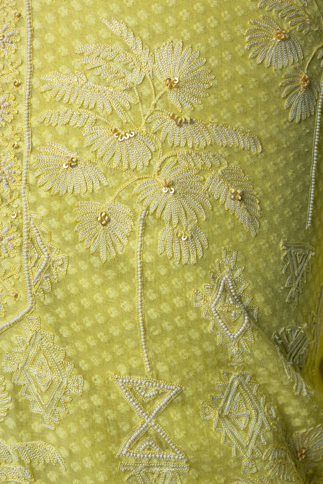 Lemon Yellow Banarasi Silk Kurta Set with Aari, Hand & Bead Work Embroidery