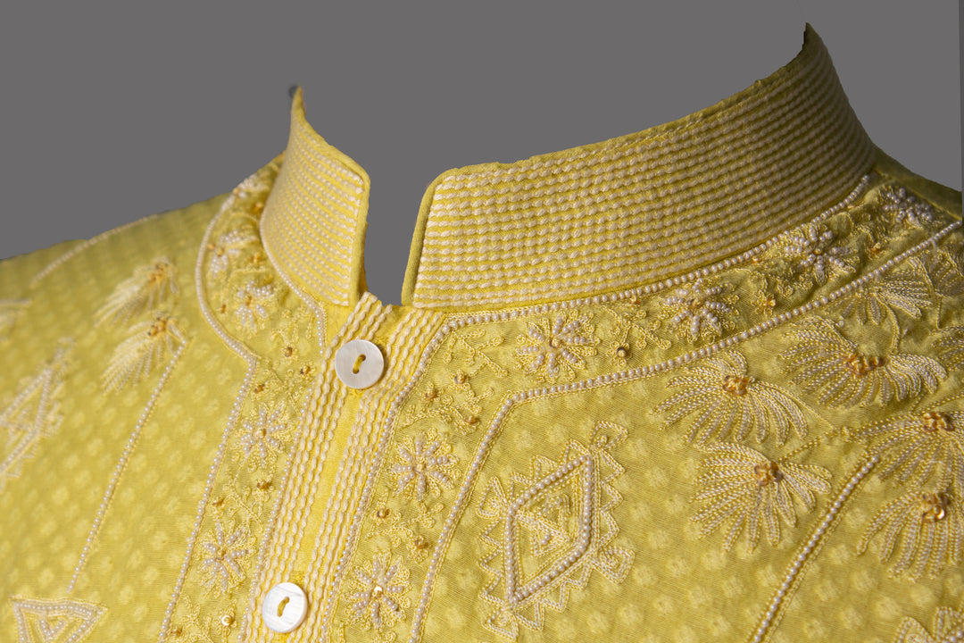 Lemon Yellow Banarasi Silk Kurta Set with Aari, Hand & Bead Work Embroidery