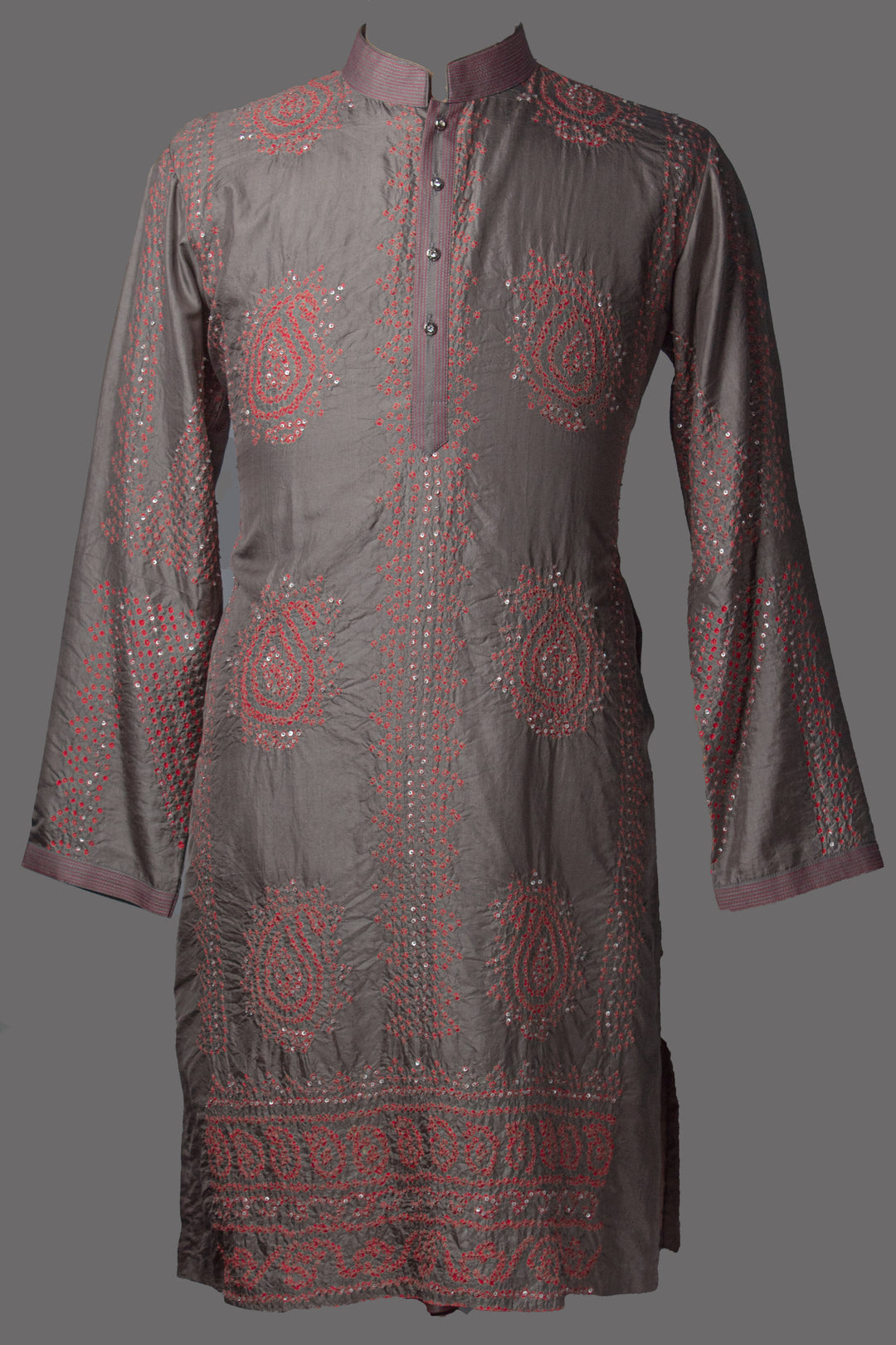 Gray Shibori Silk Kurta Set with Hand & Bandhani Embroidery