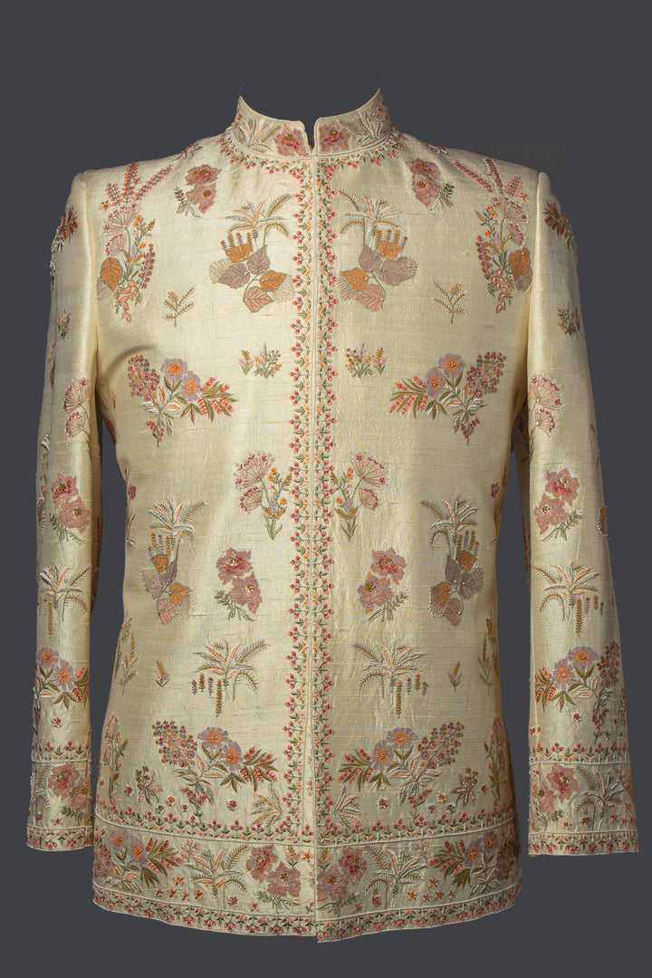 Cream Raw Silk Bandhgala Set with Hand & Machine Embroidery