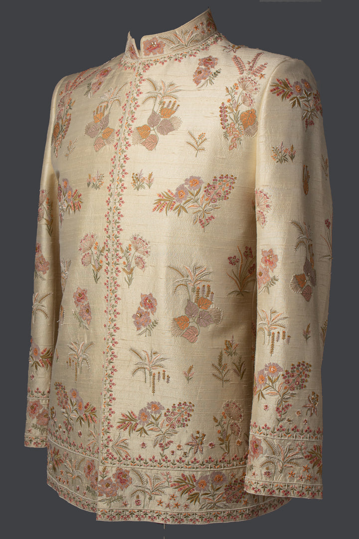 Cream Raw Silk Bandhgala Set with Hand & Machine Embroidery