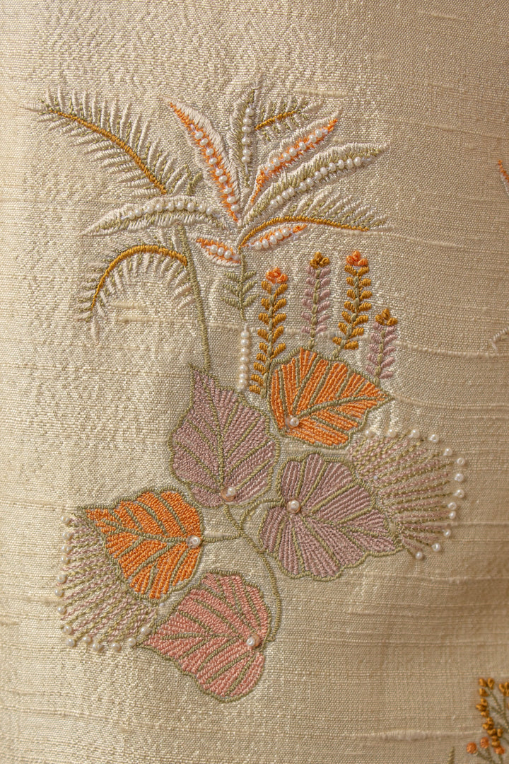 Cream Raw Silk Bandhgala Set with Hand & Machine Embroidery