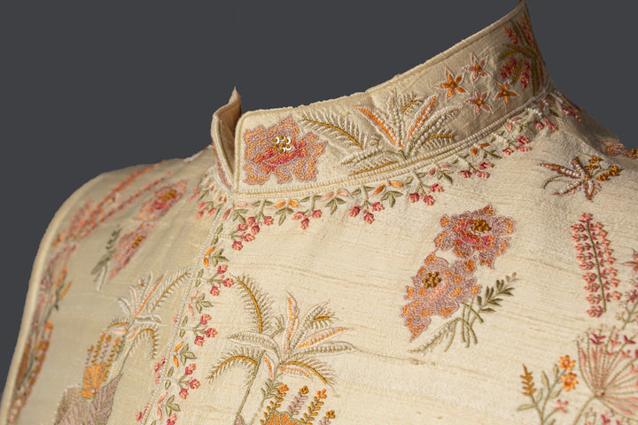 Cream Raw Silk Bandhgala Set with Hand & Machine Embroidery