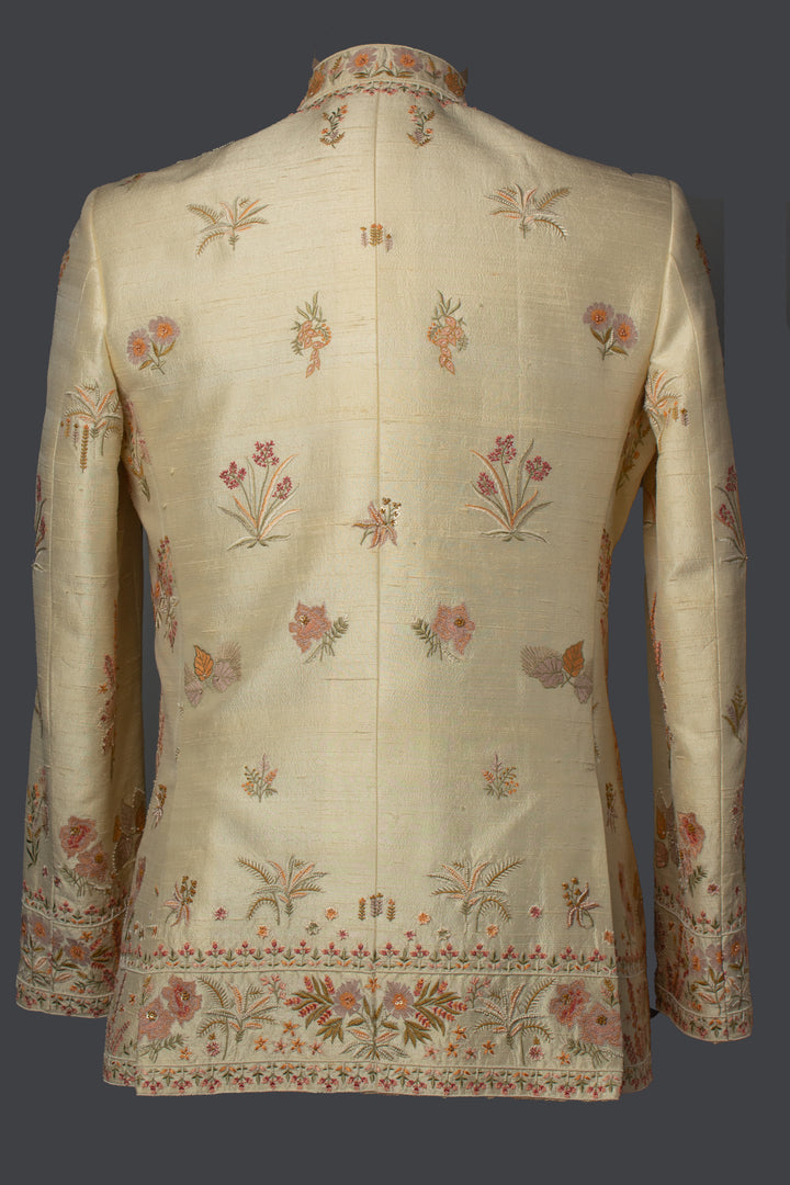 Cream Raw Silk Bandhgala Set with Hand & Machine Embroidery