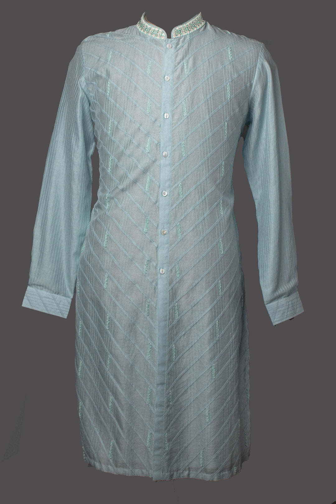 Sky Blue Chanderi Kurta Set with Pintucks & Hand Embroidery