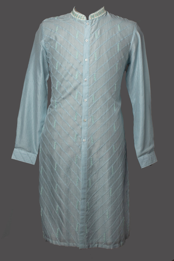 Sky Blue Chanderi Kurta Set with Pintucks & Hand Embroidery
