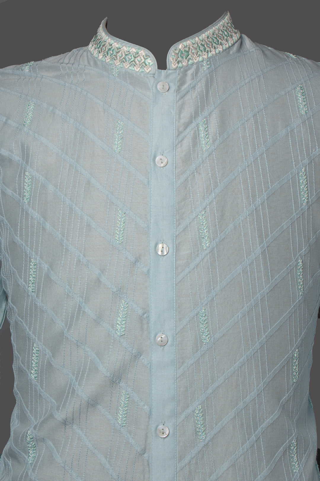 Sky Blue Chanderi Kurta Set with Pintucks & Hand Embroidery