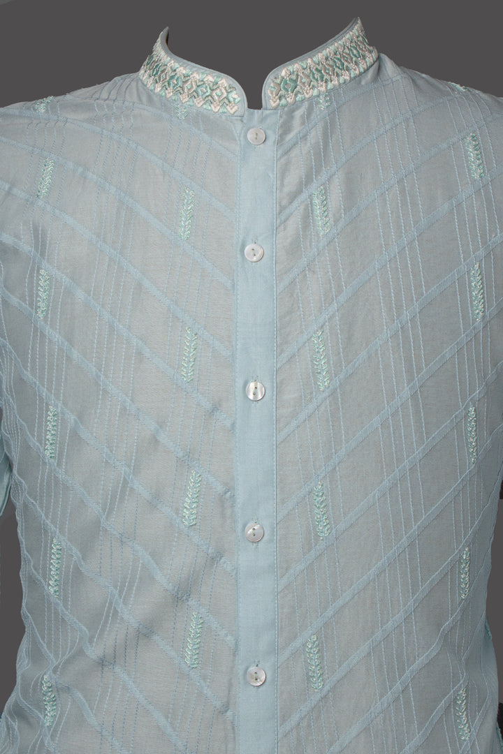 Sky Blue Chanderi Kurta Set with Pintucks & Hand Embroidery