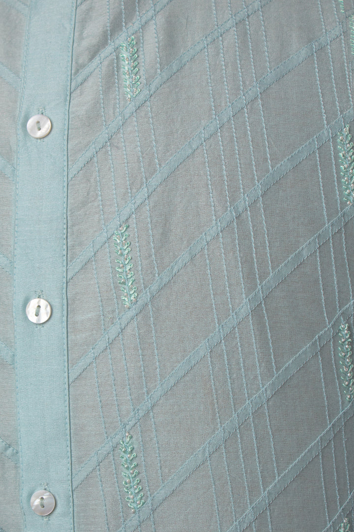Sky Blue Chanderi Kurta Set with Pintucks & Hand Embroidery
