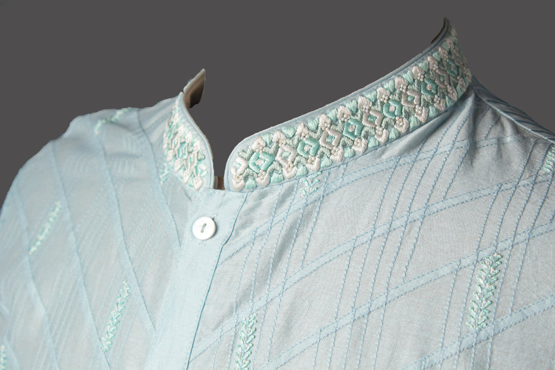 Sky Blue Chanderi Kurta Set with Pintucks & Hand Embroidery