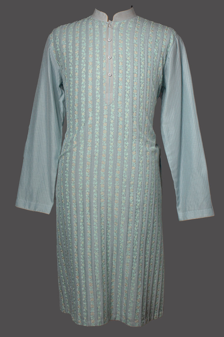 Sky Blue Chanderi Kurta Set with Aari Embroidery & Pintucks