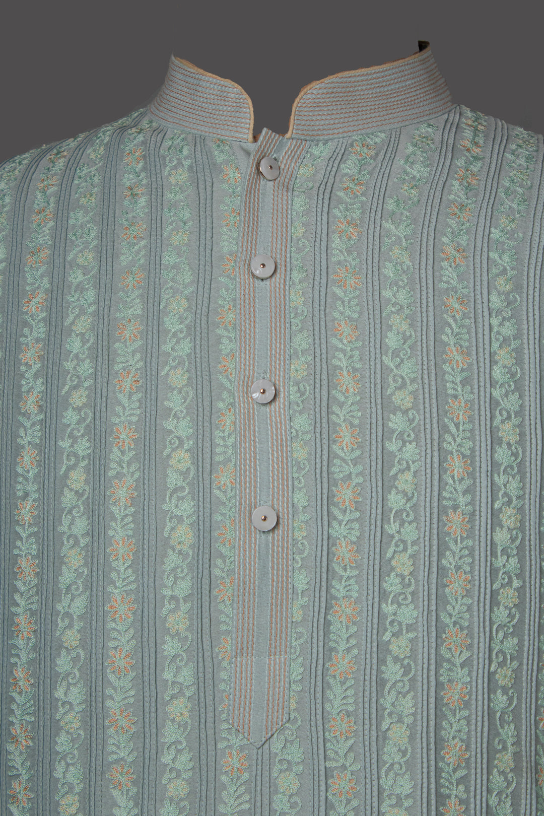 Sky Blue Chanderi Kurta Set with Aari Embroidery & Pintucks