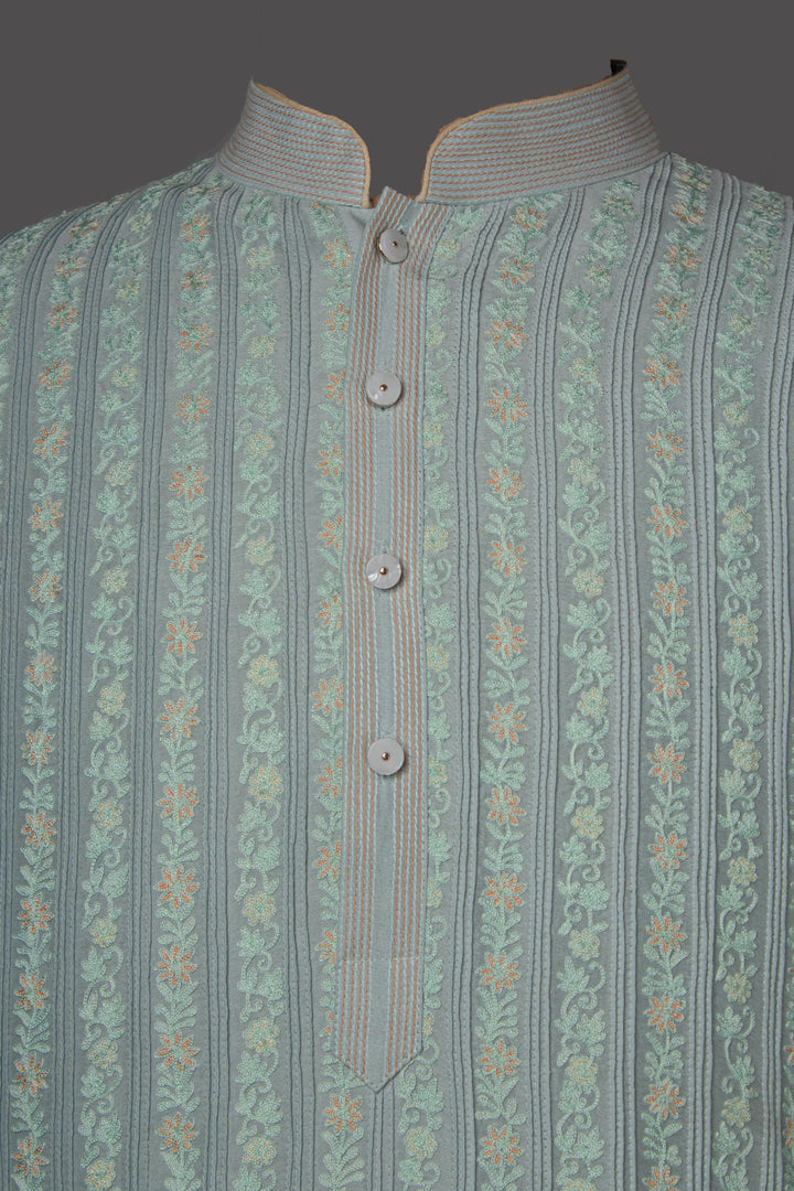 Sky Blue Chanderi Kurta Set with Aari Embroidery & Pintucks