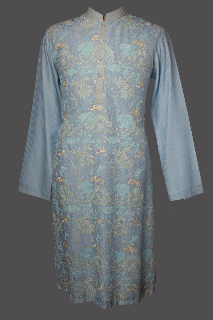 Sky Blue Chanderi Kurta Set with Aari Jaal Embroidery