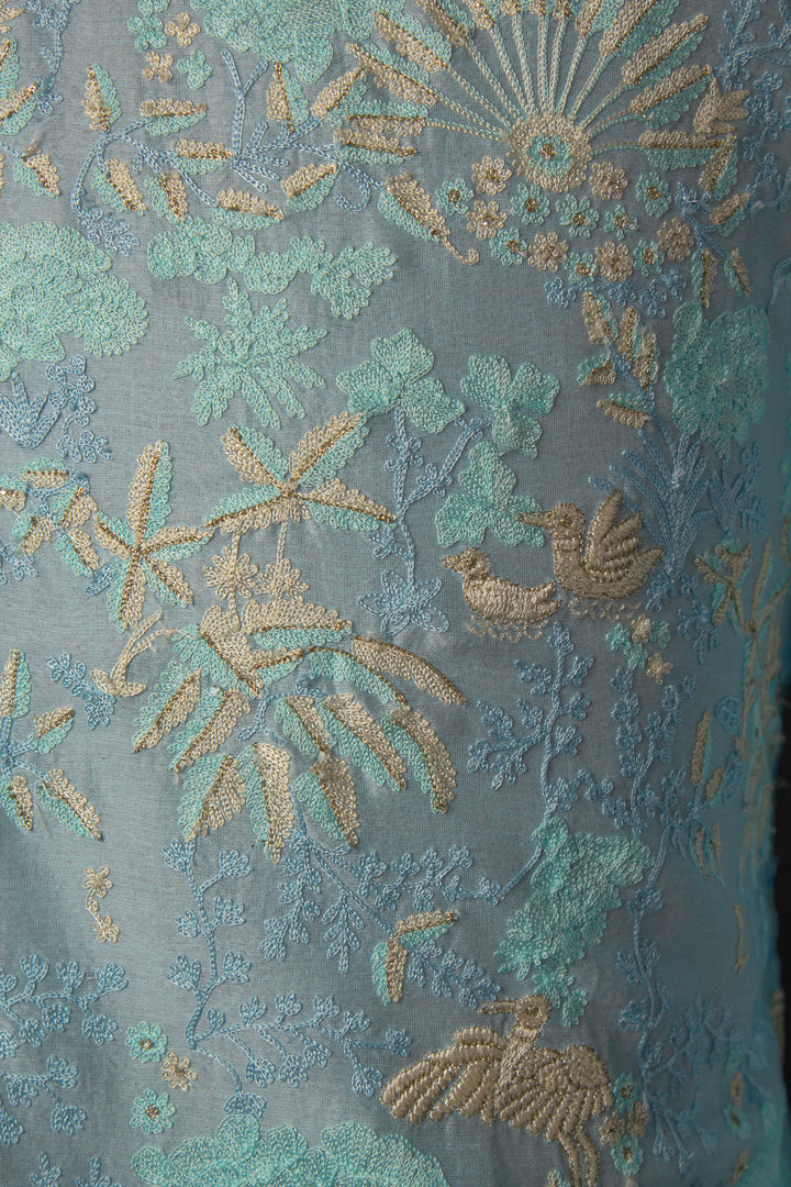 Sky Blue Chanderi Kurta Set with Aari Jaal Embroidery