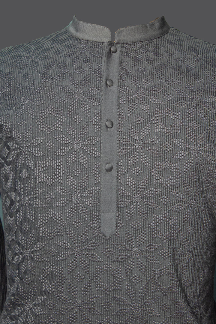 Grey Cotton Silk Kurta Set with Pintucks & Boota Embroidery