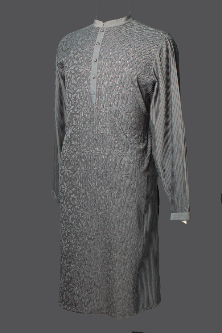 Grey Cotton Silk Kurta Set with Pintucks & Boota Embroidery