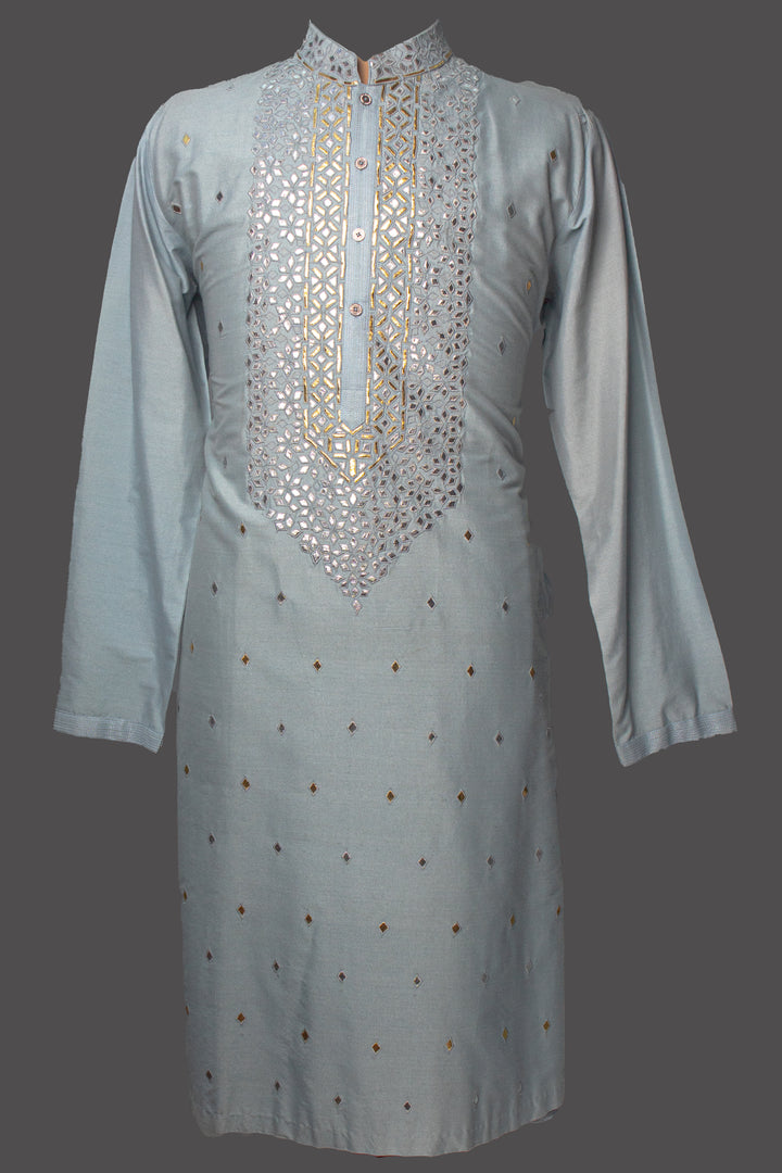 Sky Blue Silk Kurta Set with Leather Patch Booti & Machine Embroidery