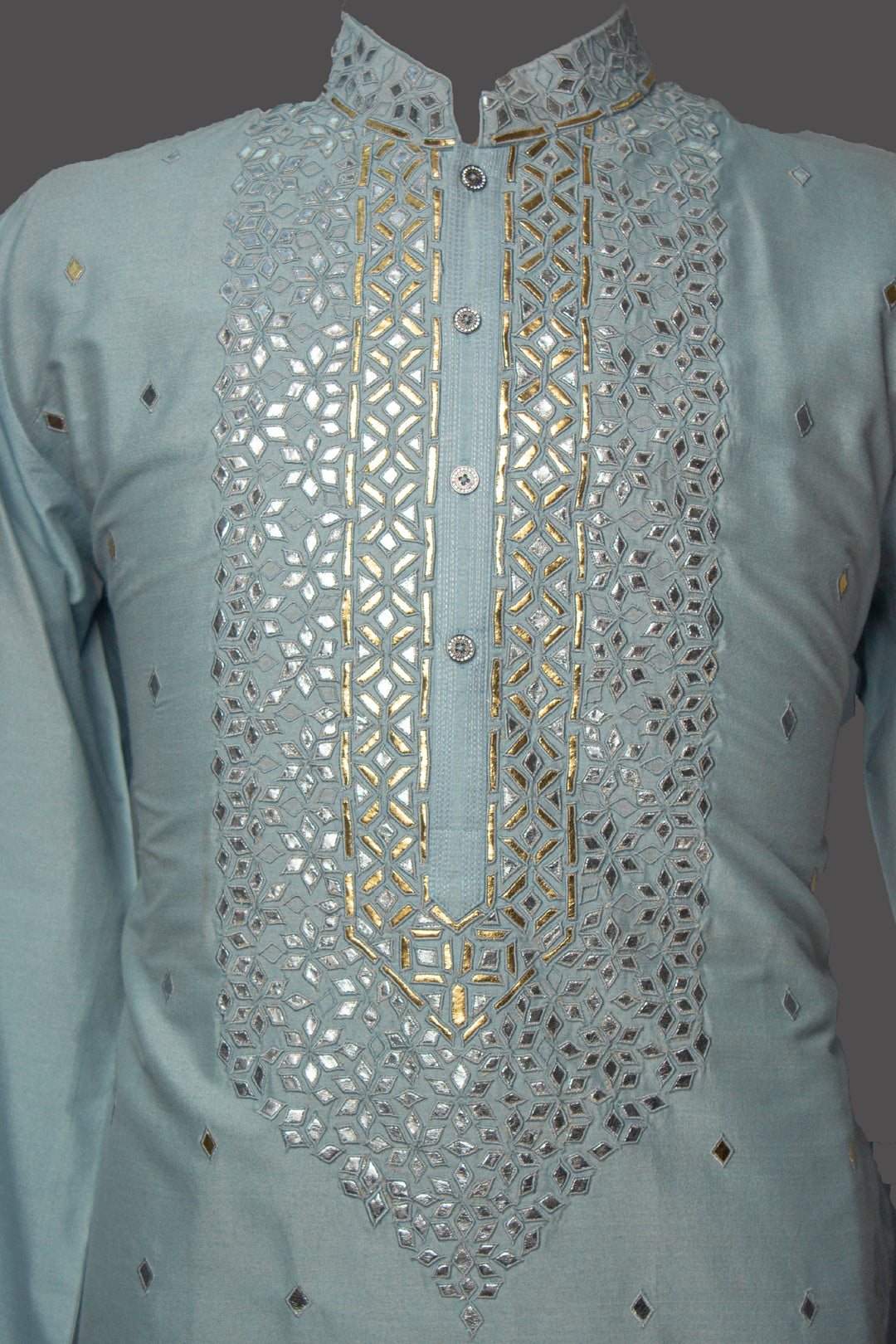 Sky Blue Silk Kurta Set with Leather Patch Booti & Machine Embroidery