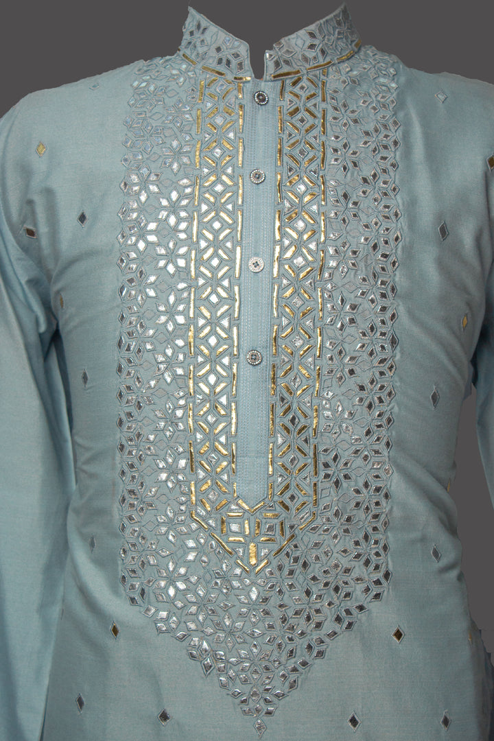 Sky Blue Silk Kurta Set with Leather Patch Booti & Machine Embroidery