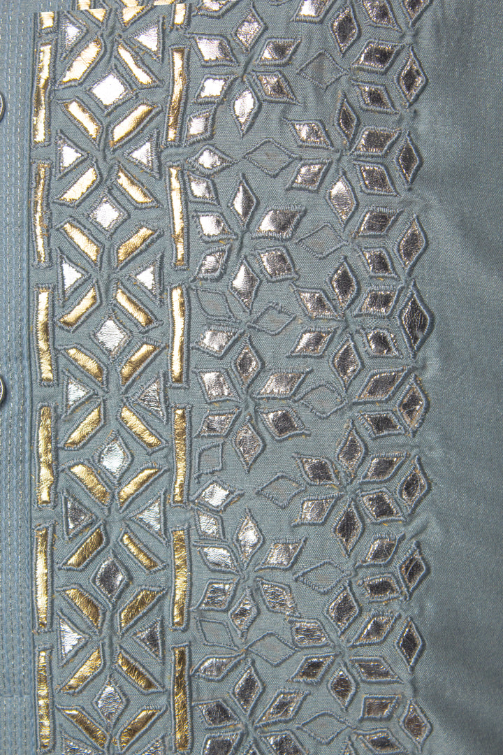 Sky Blue Silk Kurta Set with Leather Patch Booti & Machine Embroidery