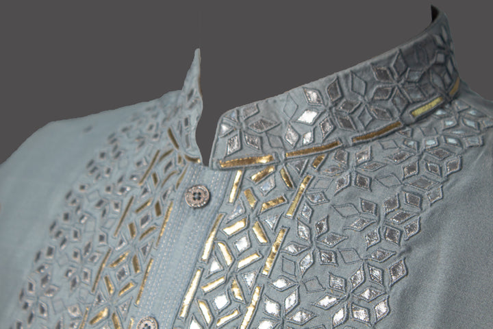 Sky Blue Silk Kurta Set with Leather Patch Booti & Machine Embroidery