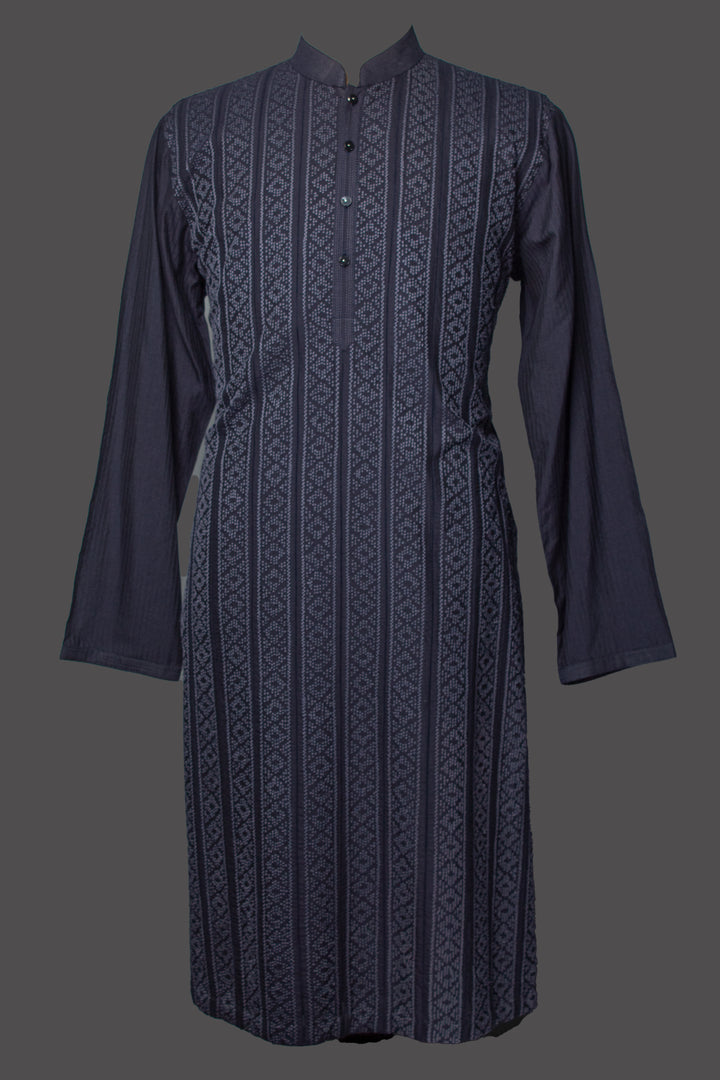 Navy Blue Cotton Silk Kurta Set with Machine Embroidery & Pintucks