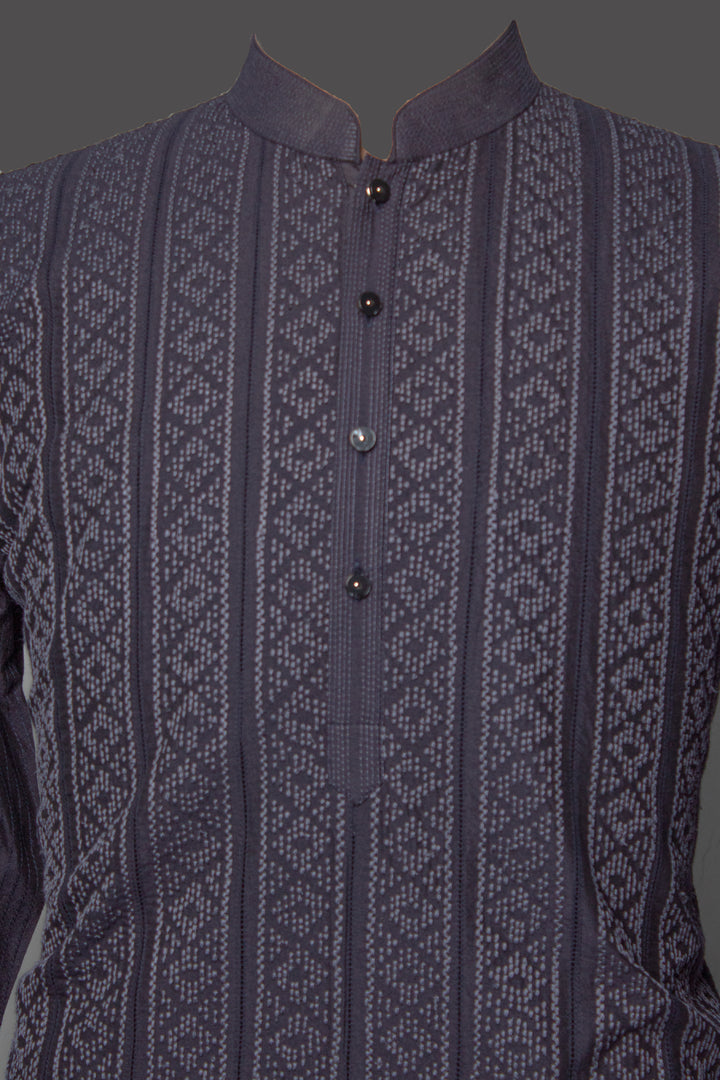 Navy Blue Cotton Silk Kurta Set with Machine Embroidery & Pintucks