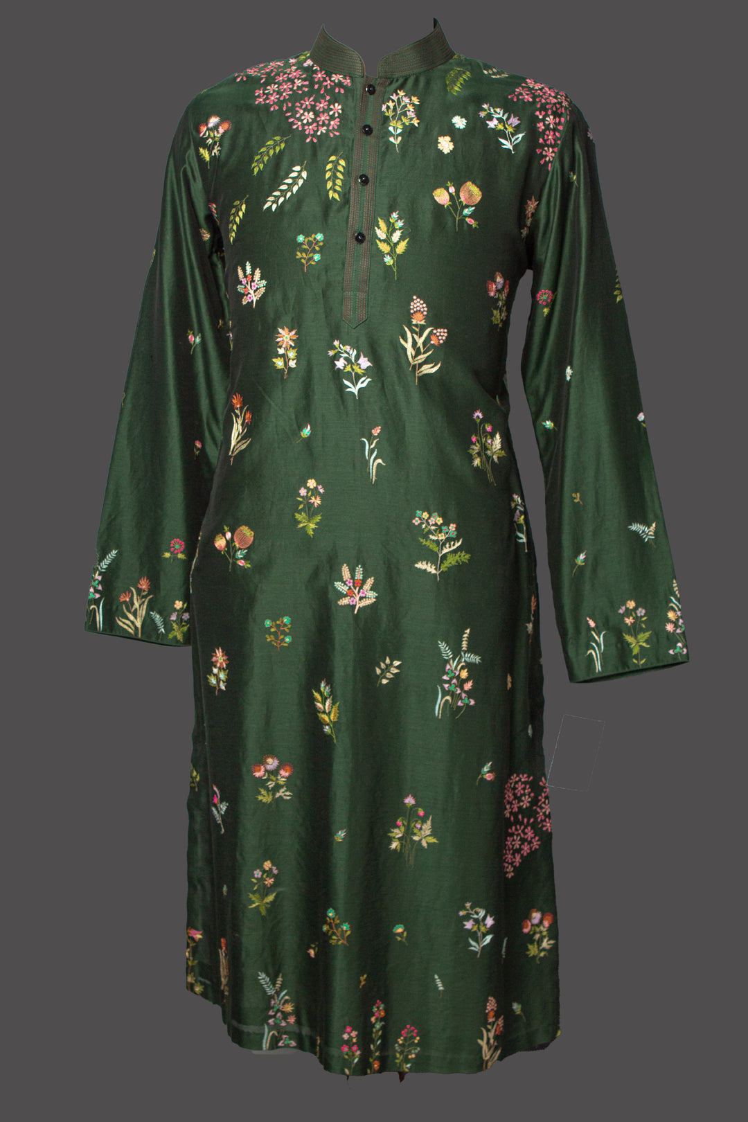Bottle Green Chanderi Kurta Set with All-Over Floral Booti Embroidery