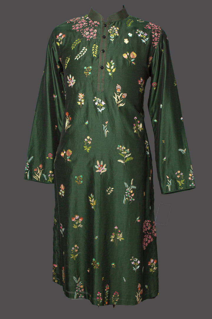 Bottle Green Chanderi Kurta Set with All-Over Floral Booti Embroidery