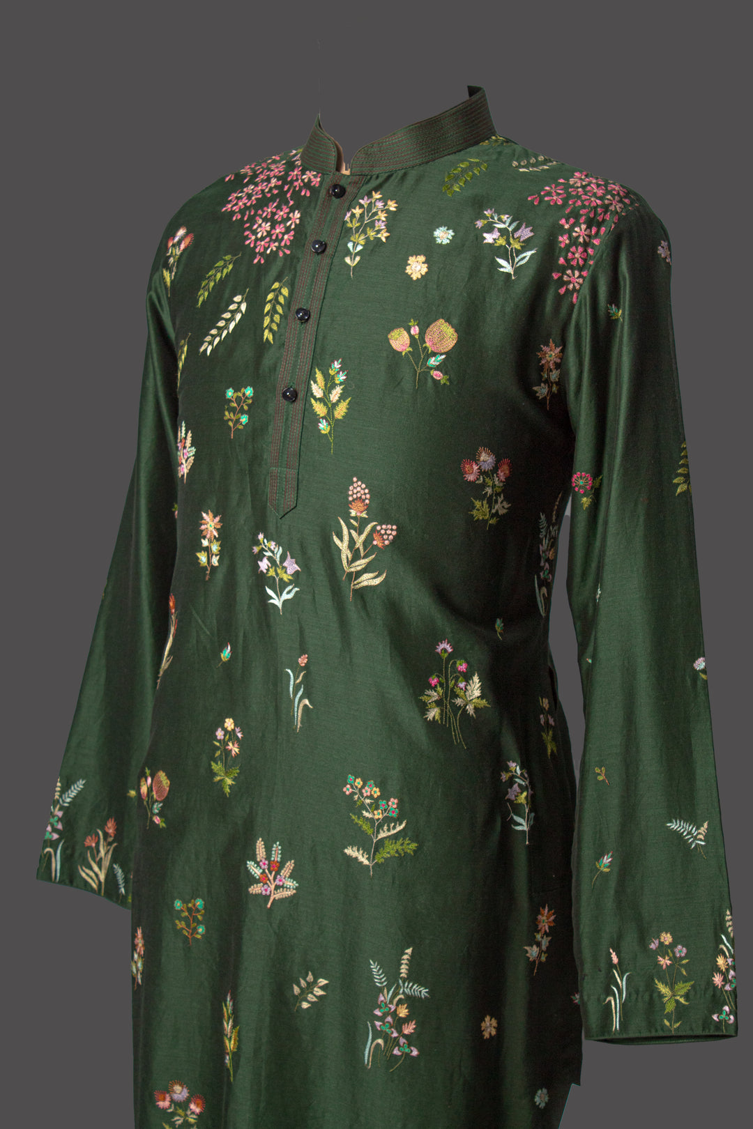 Bottle Green Chanderi Kurta Set with All-Over Floral Booti Embroidery