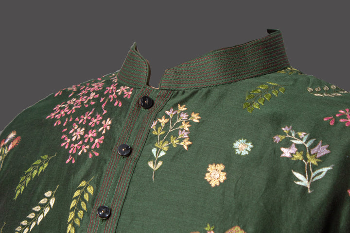 Bottle Green Chanderi Kurta Set with All-Over Floral Booti Embroidery