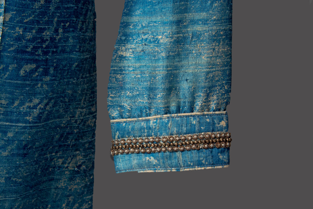 Blue Printed Silk Kurta Set with Hand Embroidery