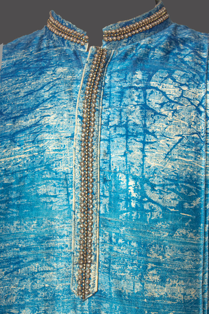Blue Printed Silk Kurta Set with Hand Embroidery
