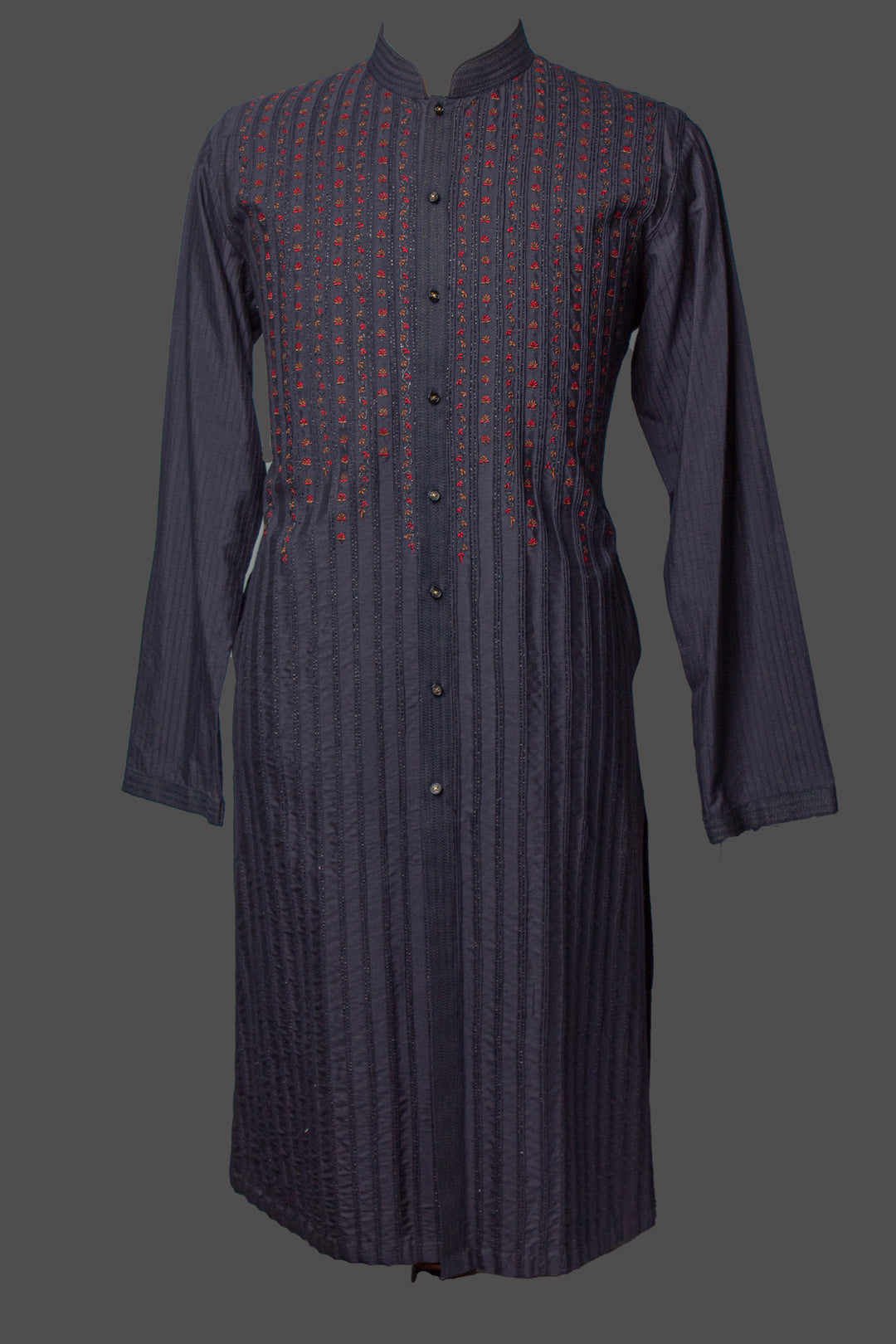Navy Blue Cotton Silk Kurta Set with Pintucks & Machine Embroidery