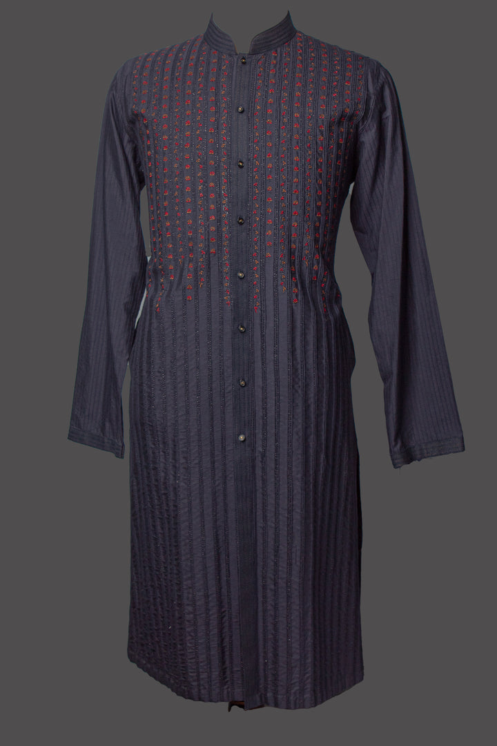Navy Blue Cotton Silk Kurta Set with Pintucks & Machine Embroidery
