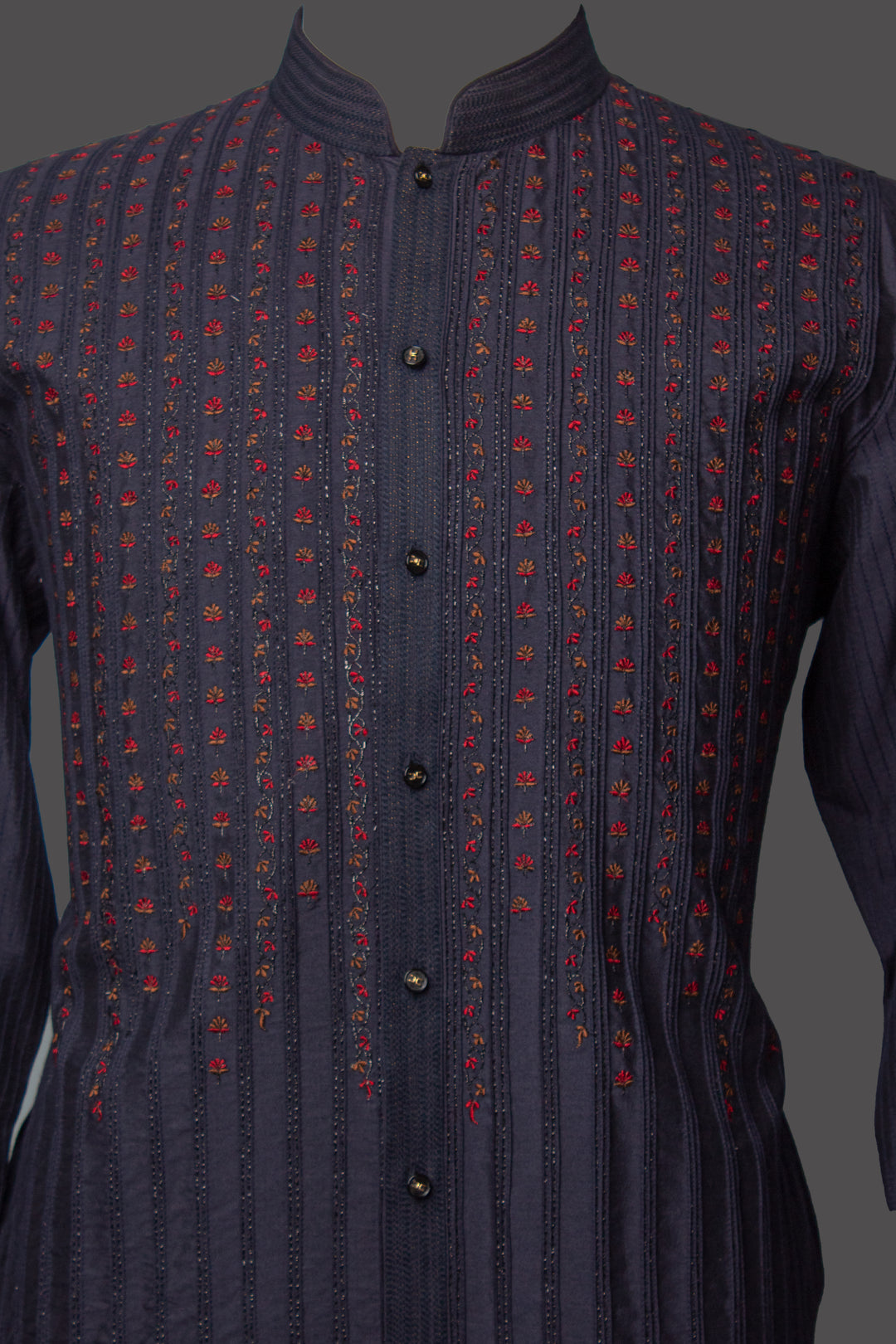 Navy Blue Cotton Silk Kurta Set with Pintucks & Machine Embroidery