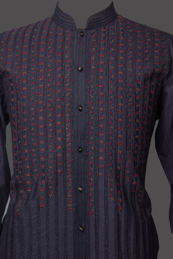 Navy Blue Cotton Silk Kurta Set with Pintucks & Machine Embroidery