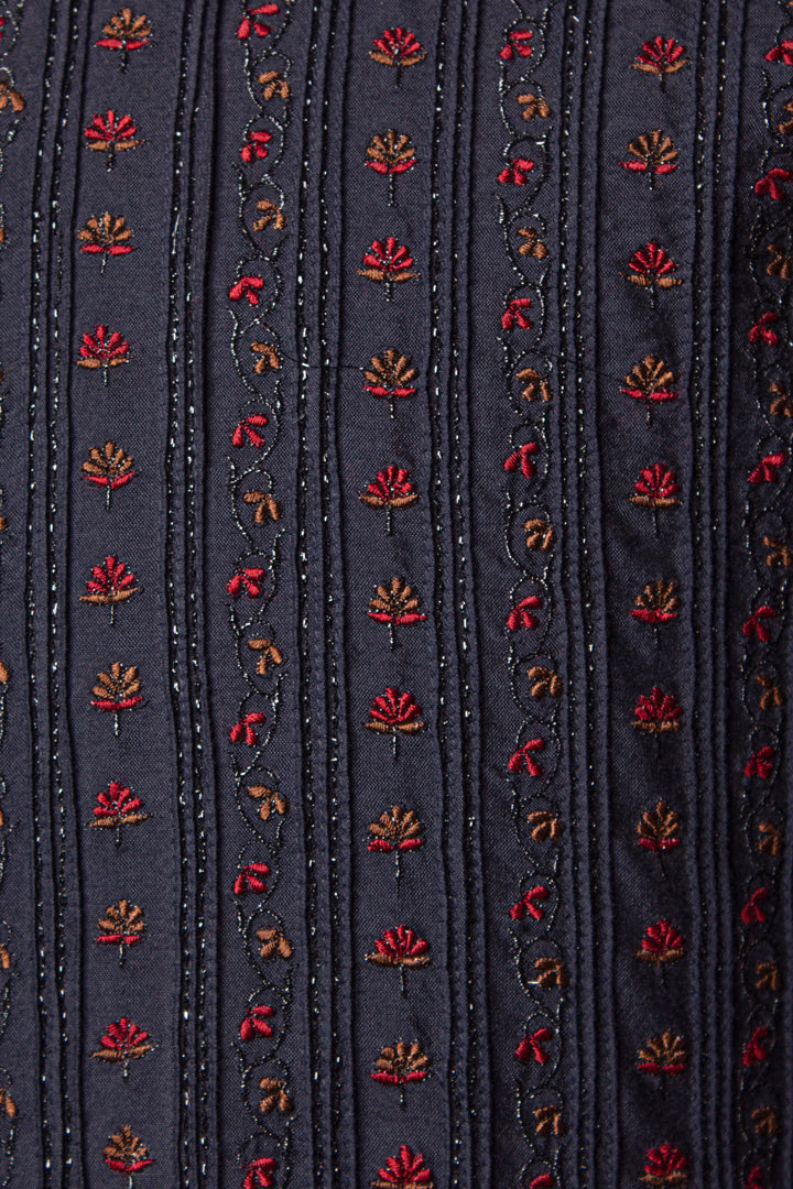 Navy Blue Cotton Silk Kurta Set with Pintucks & Machine Embroidery