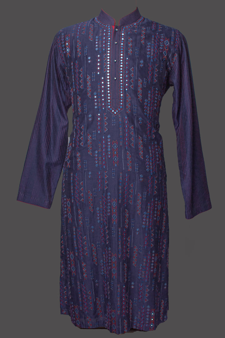 Navy Blue Chanderi Kurta Set with Mirror Work & Embroidery