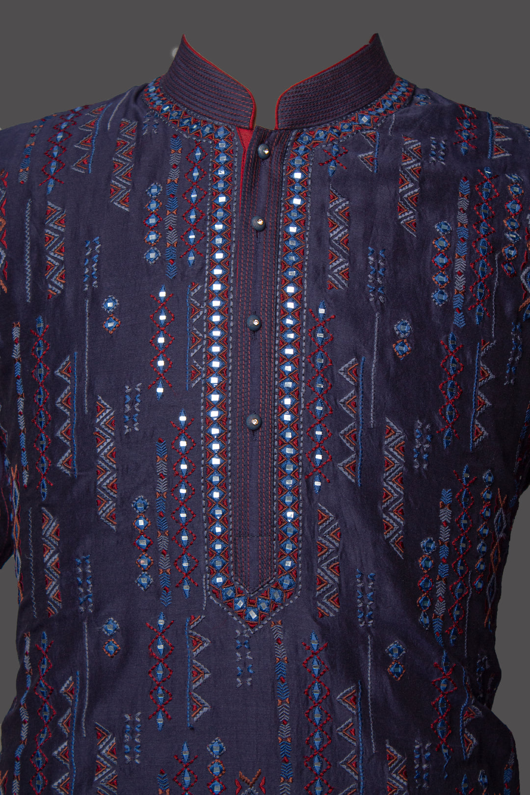 Navy Blue Chanderi Kurta Set with Mirror Work & Embroidery